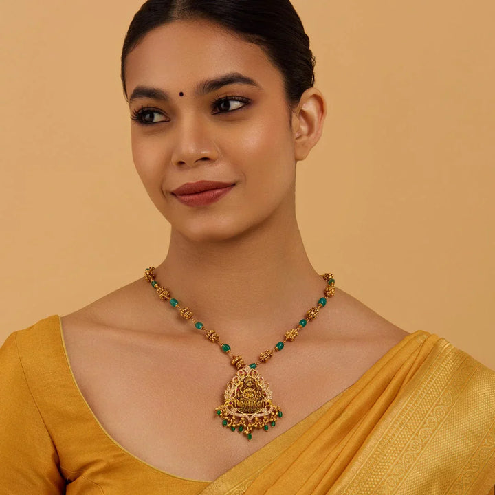 Pure 92.5 silver Gold Plated Seated Lakshmi Lotus Temple Pendant with dangling Beads
