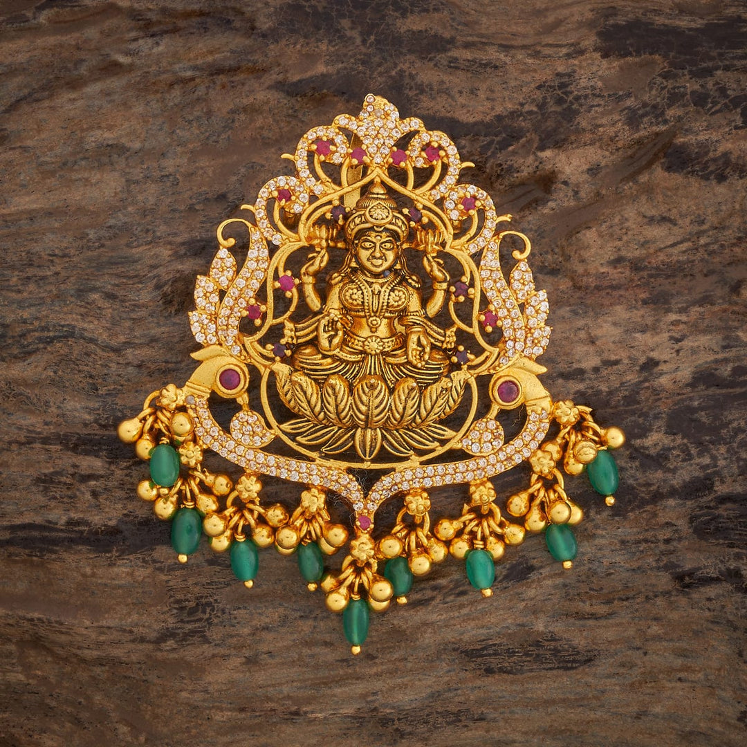Pure 92.5 silver Gold Plated Seated Lakshmi Lotus Temple Pendant with dangling Beads