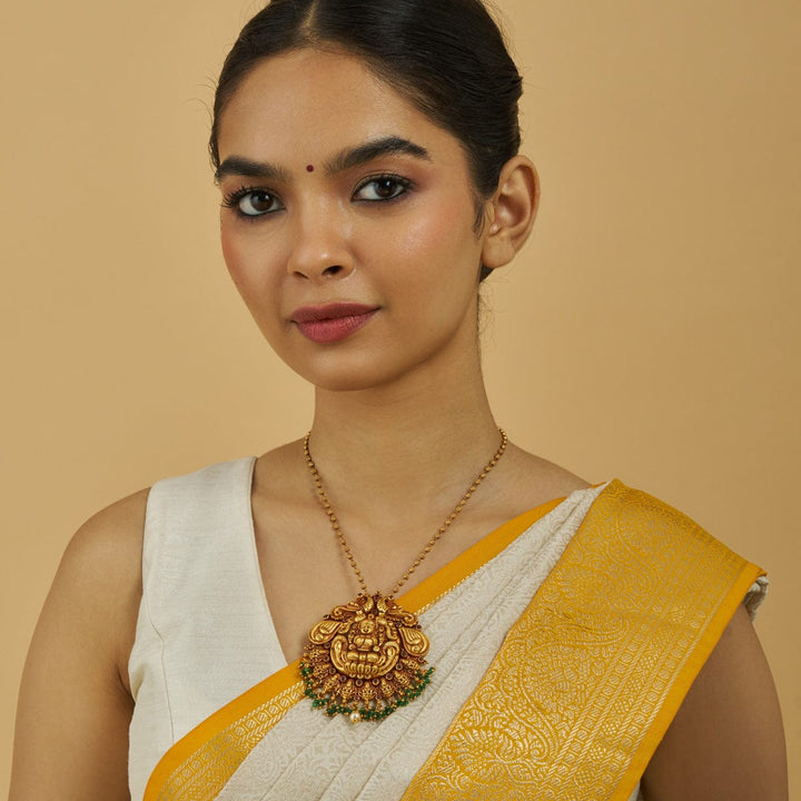 Pure 92.5 silver Gold Plated Temple Pendant with Goddess Lakshmi and Green Dangling Beads