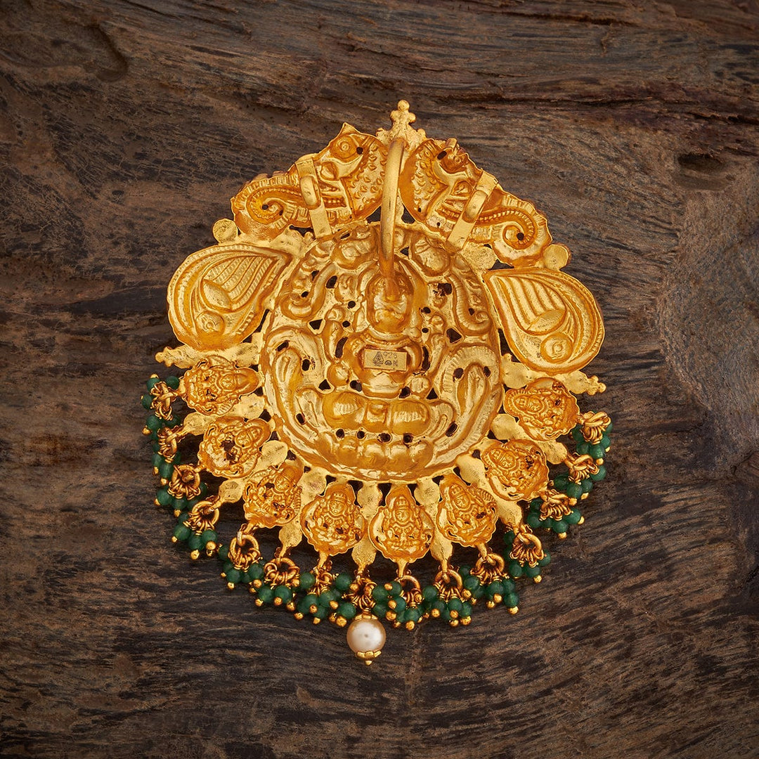 Pure 92.5 silver Gold Plated Temple Pendant with Goddess Lakshmi and Green Dangling Beads
