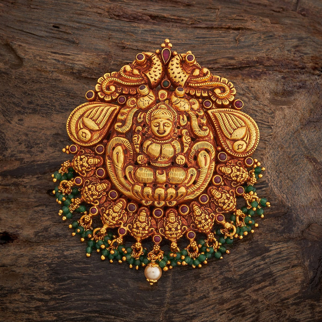 Pure 92.5 silver Gold Plated Temple Pendant with Goddess Lakshmi and Green Dangling Beads