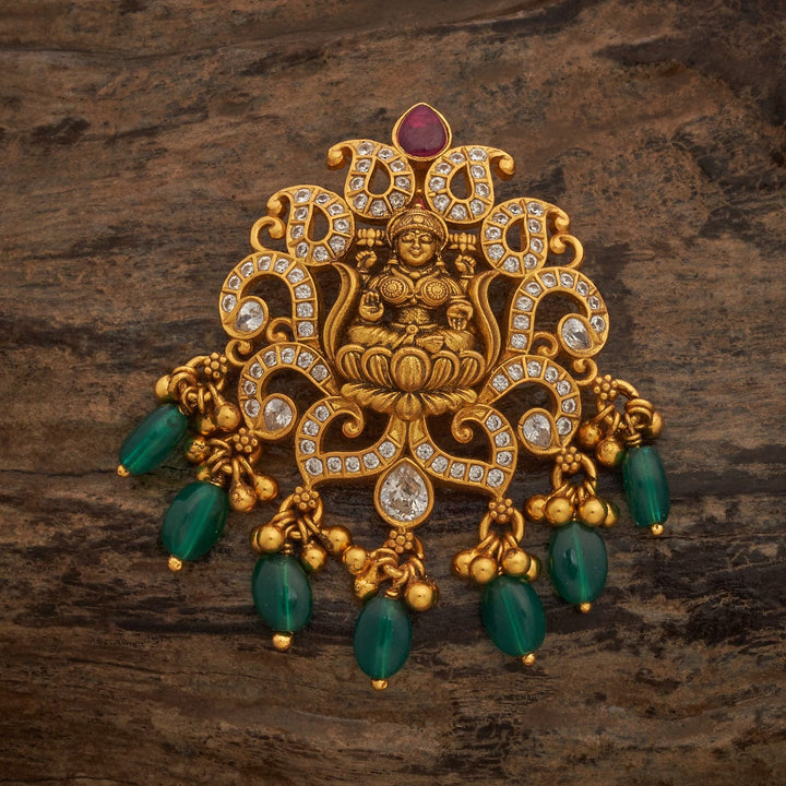 Pure 92.5 Silver Lakshmi Lotus Pendant in Gold Finish with White Stone Embellishments and Green Dangling