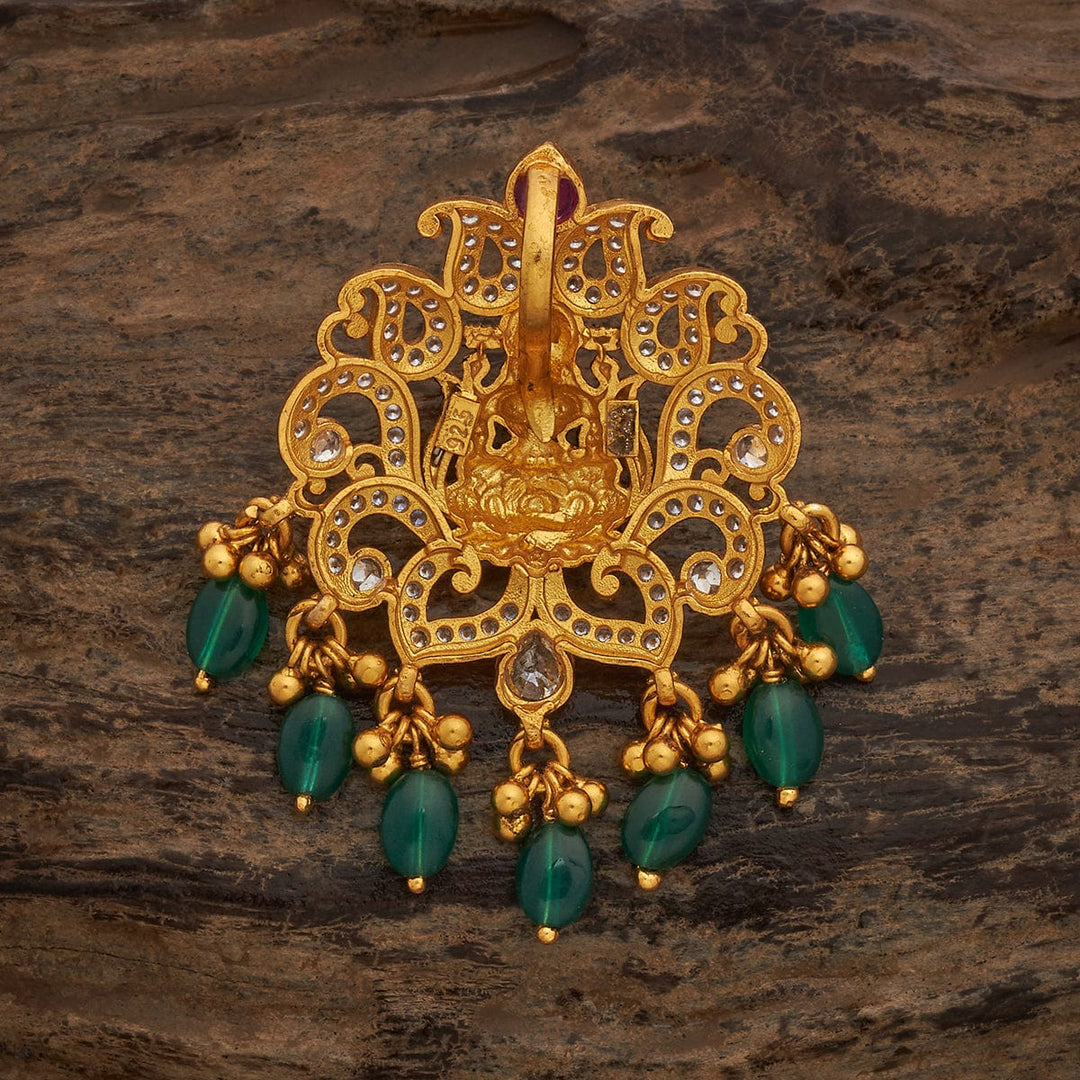 Pure 92.5 Silver Lakshmi Lotus Pendant in Gold Finish with White Stone Embellishments and Green Dangling