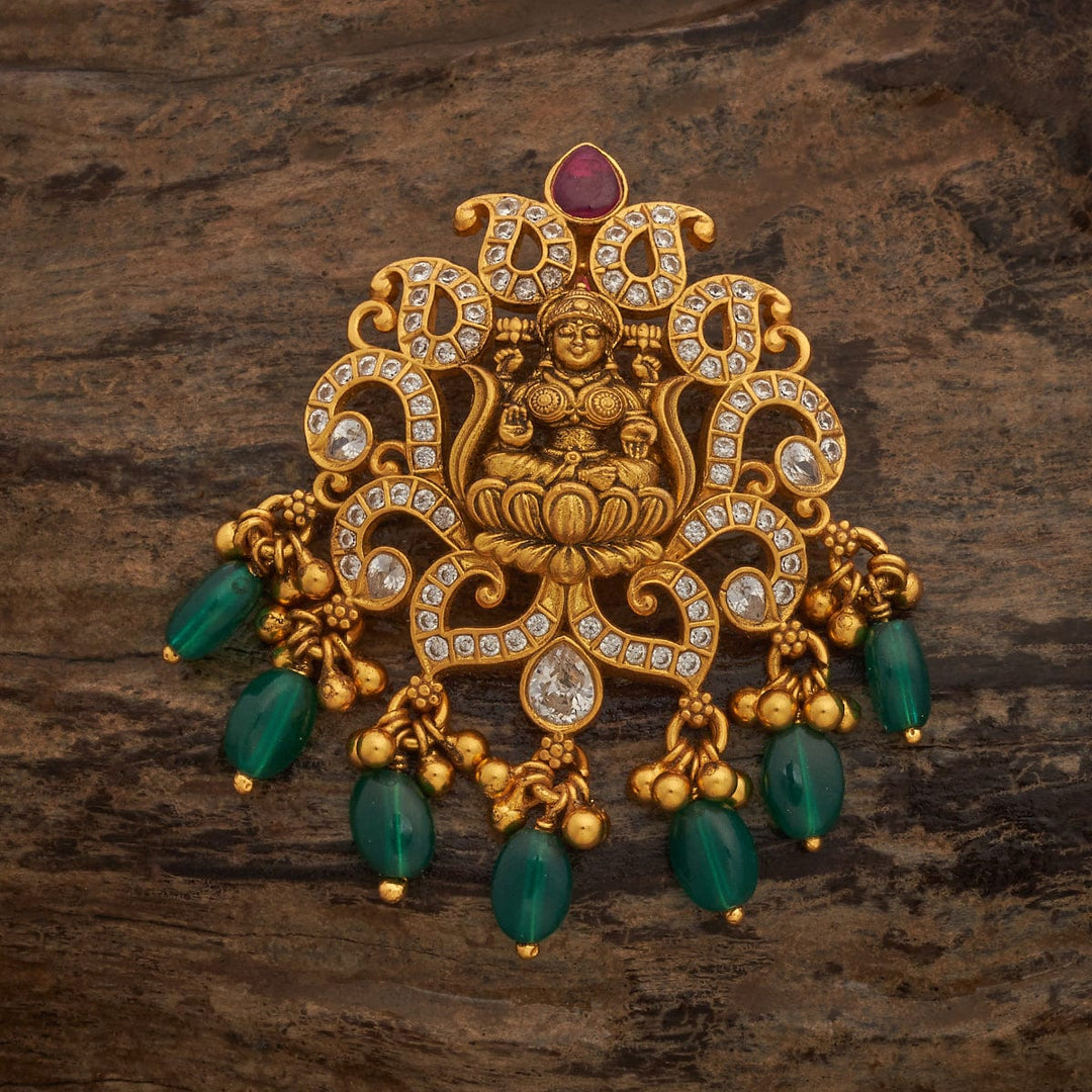 Pure 92.5 Silver Lakshmi Lotus Pendant in Gold Finish with White Stone Embellishments and Green Dangling
