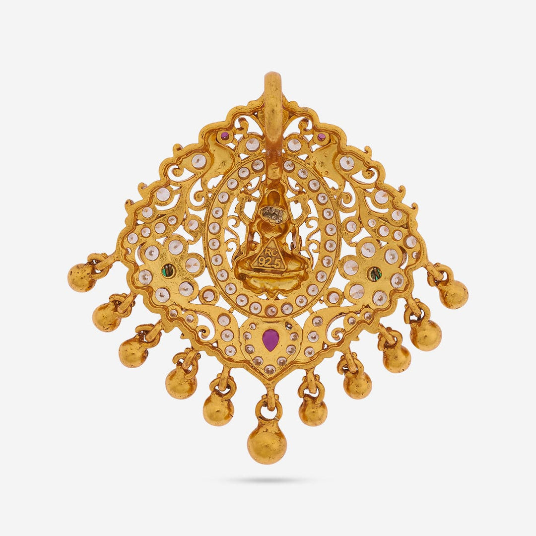Pure 92.5 silver Gold Plated CZ Stones Lakshmi Pendant with Gold Dangling Beads