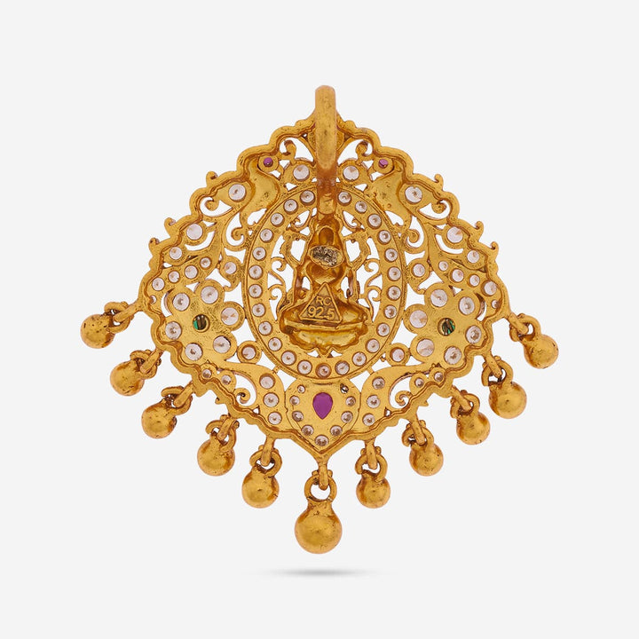 Pure 92.5 silver Gold Plated CZ Stones Lakshmi Pendant with Gold Dangling Beads