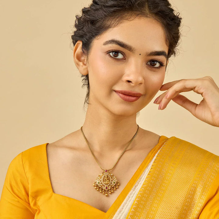 Pure 92.5 silver Gold Plated CZ Stones Lakshmi Pendant with Gold Dangling Beads