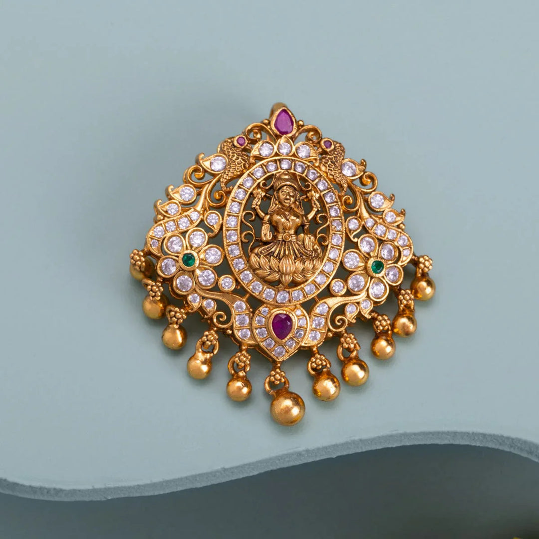 Pure 92.5 silver Gold Plated CZ Stones Lakshmi Pendant with Gold Dangling Beads