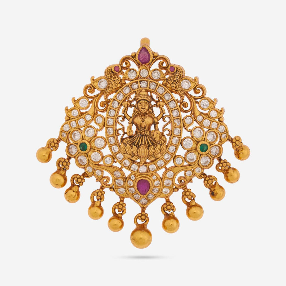 Pure 92.5 silver Gold Plated CZ Stones Lakshmi Pendant with Gold Dangling Beads