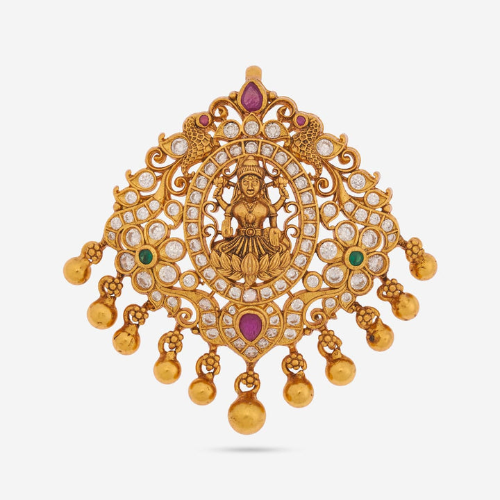 Pure 92.5 silver Gold Plated CZ Stones Lakshmi Pendant with Gold Dangling Beads