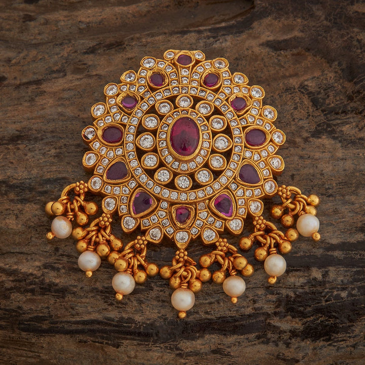 Pure 92.5 silver Flower Design Temple Pendant CZ with Ruby and Dangling Pearls