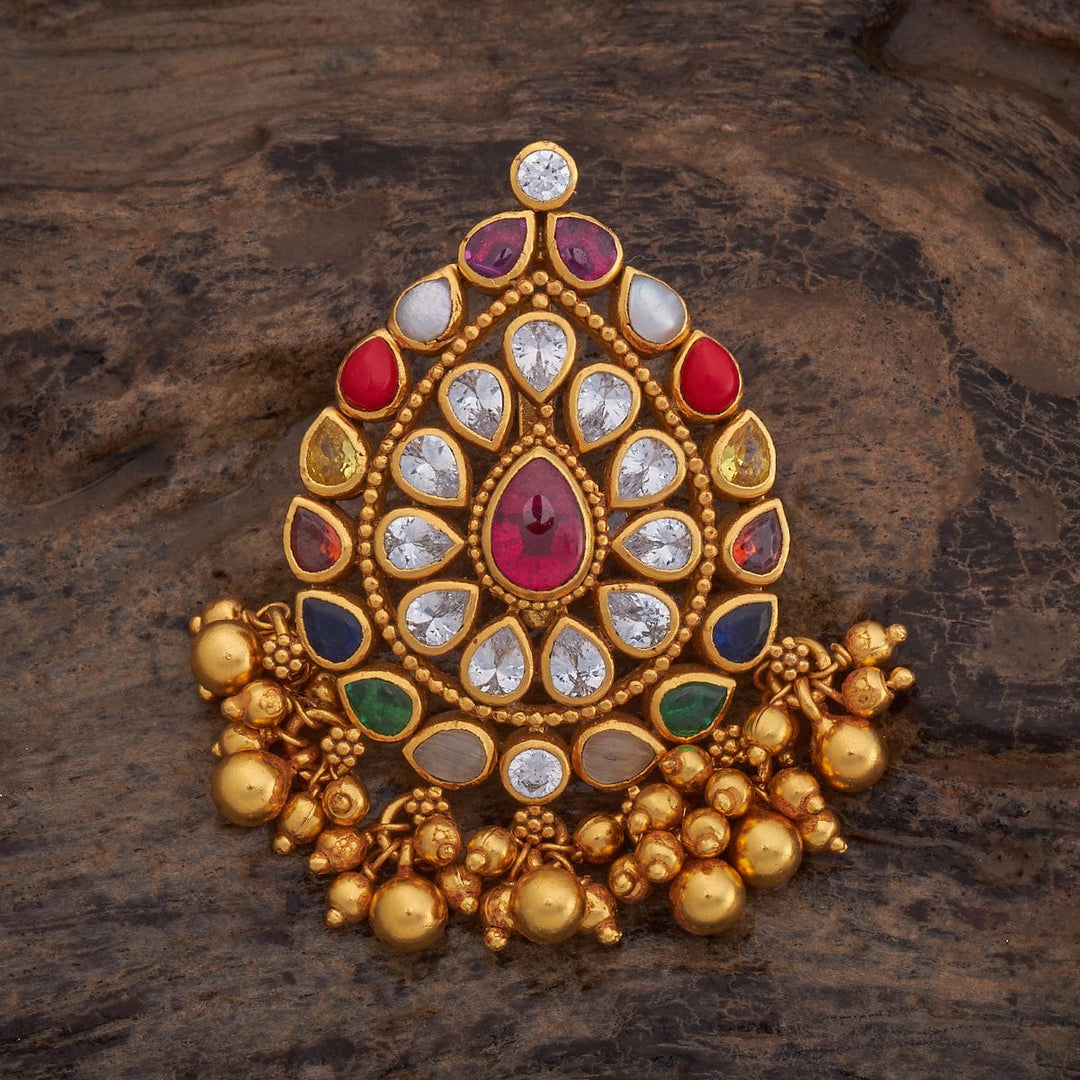 Pure 92.5 silver Gold Plated Pear-Shaped Multi-Stone Temple Pendant