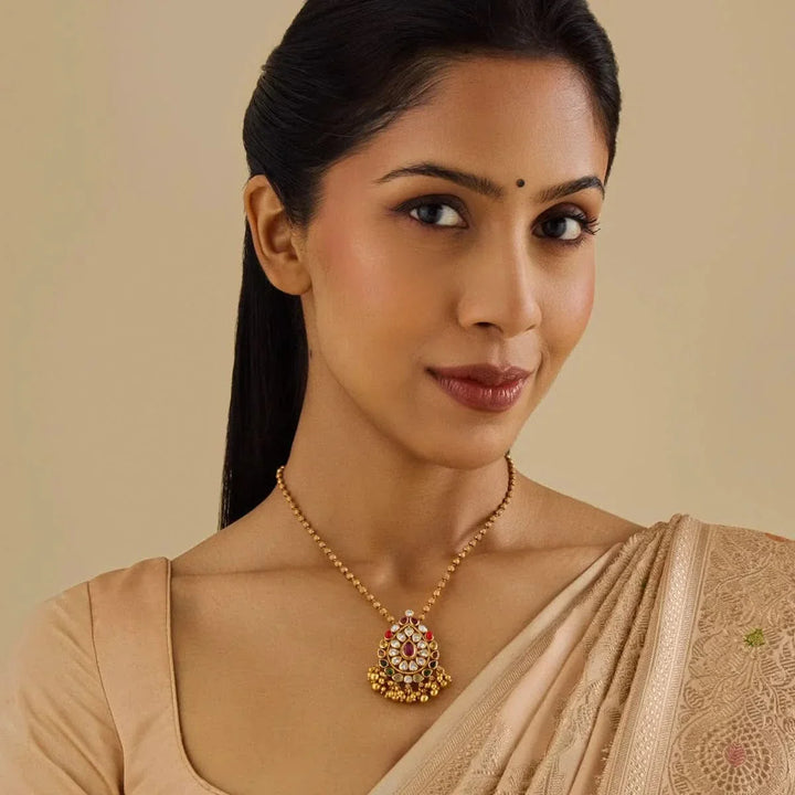 Pure 92.5 silver Gold Plated Pear-Shaped Multi-Stone Temple Pendant