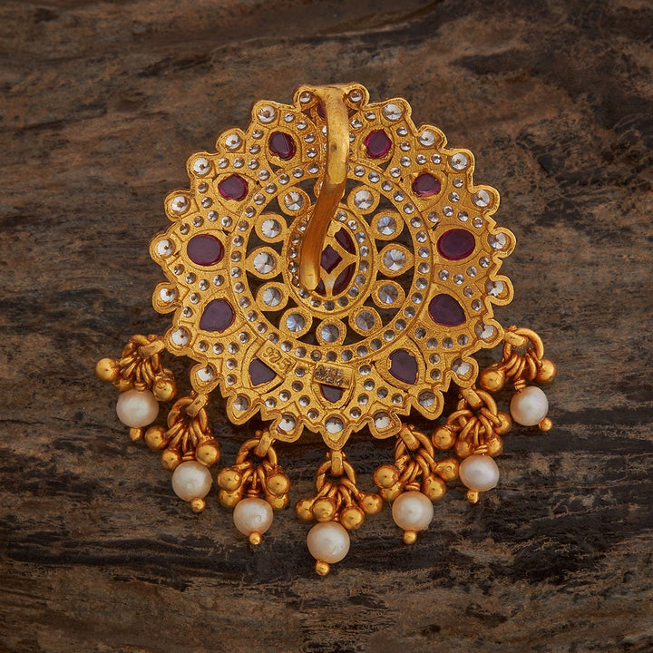 Pure 92.5 silver Flower Design Temple Pendant CZ with Ruby and Dangling Pearls