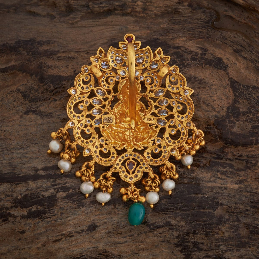 Pure 92.5 silver Gold Plated Temple Pendant with Lord Ganesha, CZ Stones with Dangling Beads