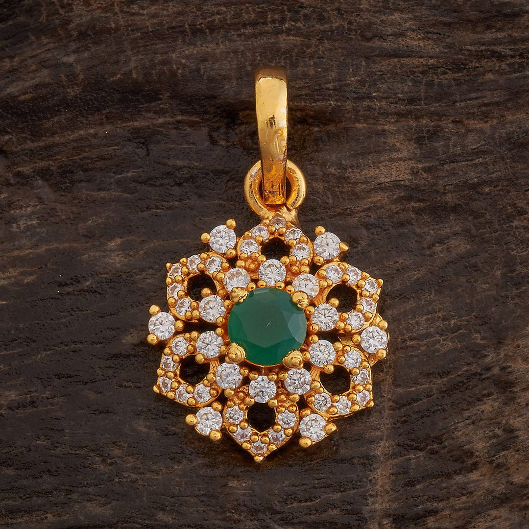 92.5 Sterling Silver Gold-Polished Floral Pendant with Emerald-Green Center and Zircons