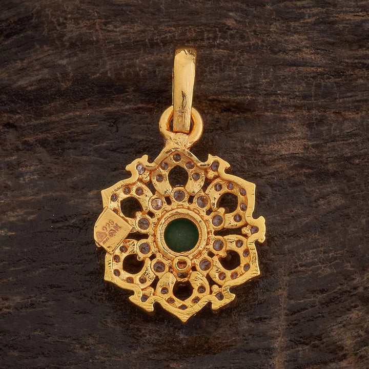 92.5 Sterling Silver Gold-Polished Floral Pendant with Emerald-Green Center and Zircons