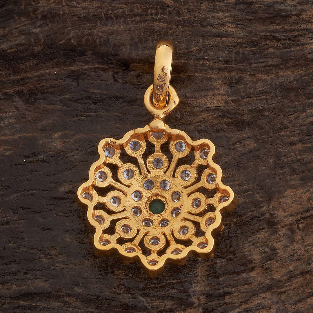 Pure 92.5 Silver Gold Plated Temple Floral Pendant With Green-white Gemstones