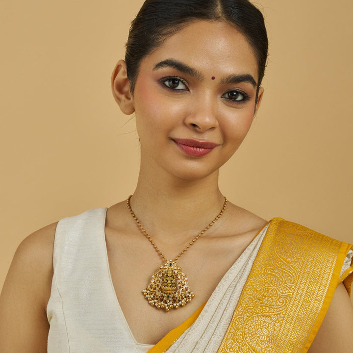 Pure 92.5 silver Gold Plated CZ Stones Lakshmi Temple Pendant with dangling Pearl