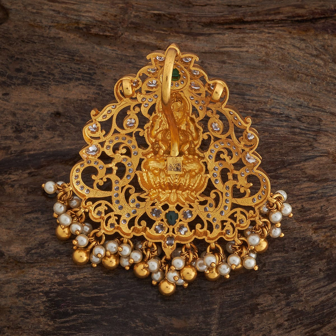 Pure 92.5 silver Gold Plated CZ Stones Lakshmi Temple Pendant with dangling Pearl