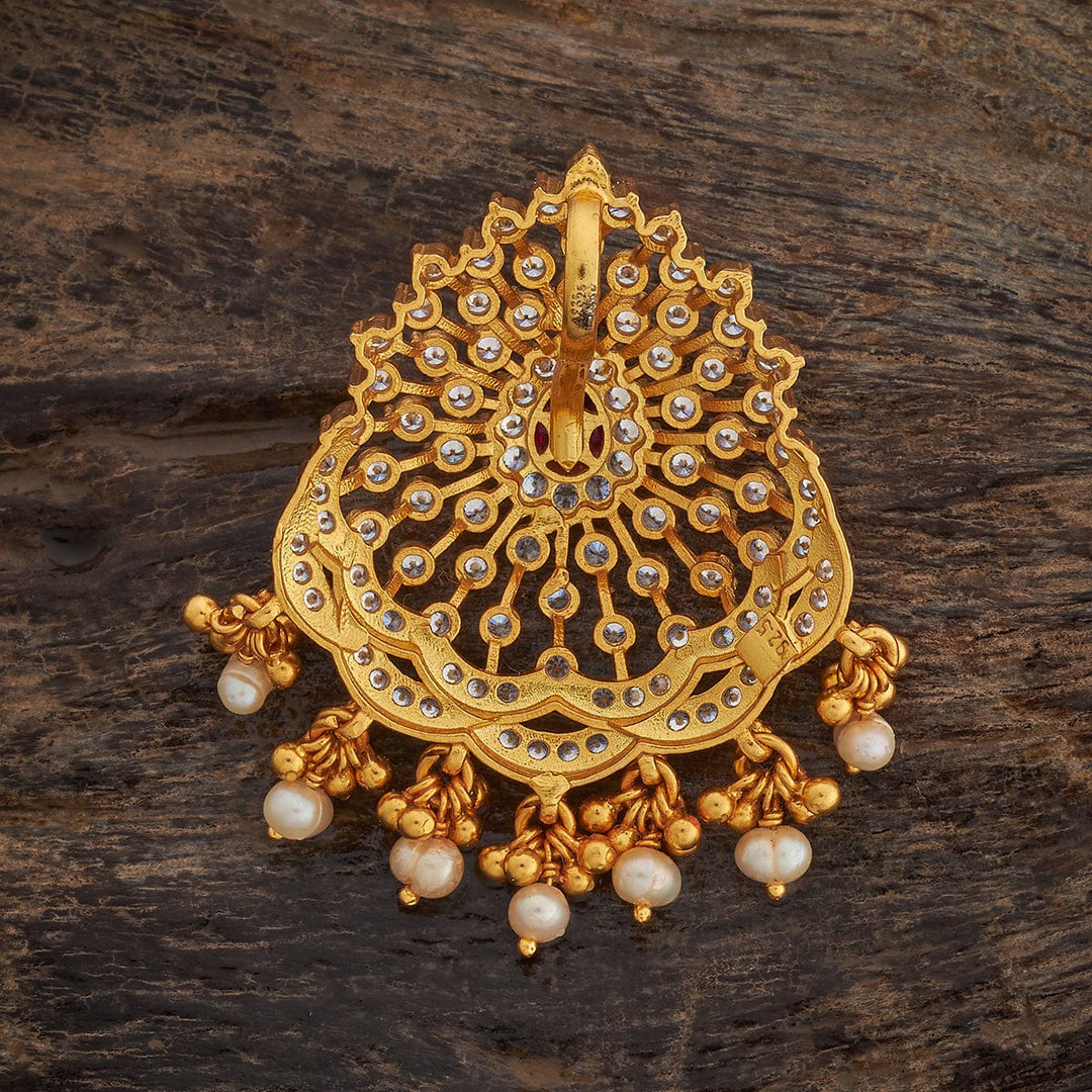 Pure 92.5 silver Cz Stone Pear-Shaped Temple Pendant with Pink Stone and Dangling Pearls