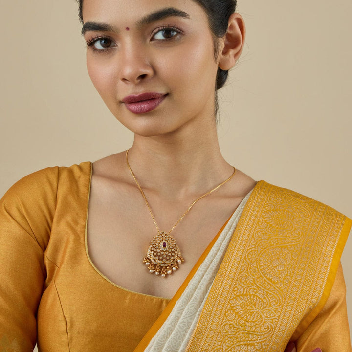 Pure 92.5 silver Cz Stone Pear-Shaped Temple Pendant with Pink Stone and Dangling Pearls