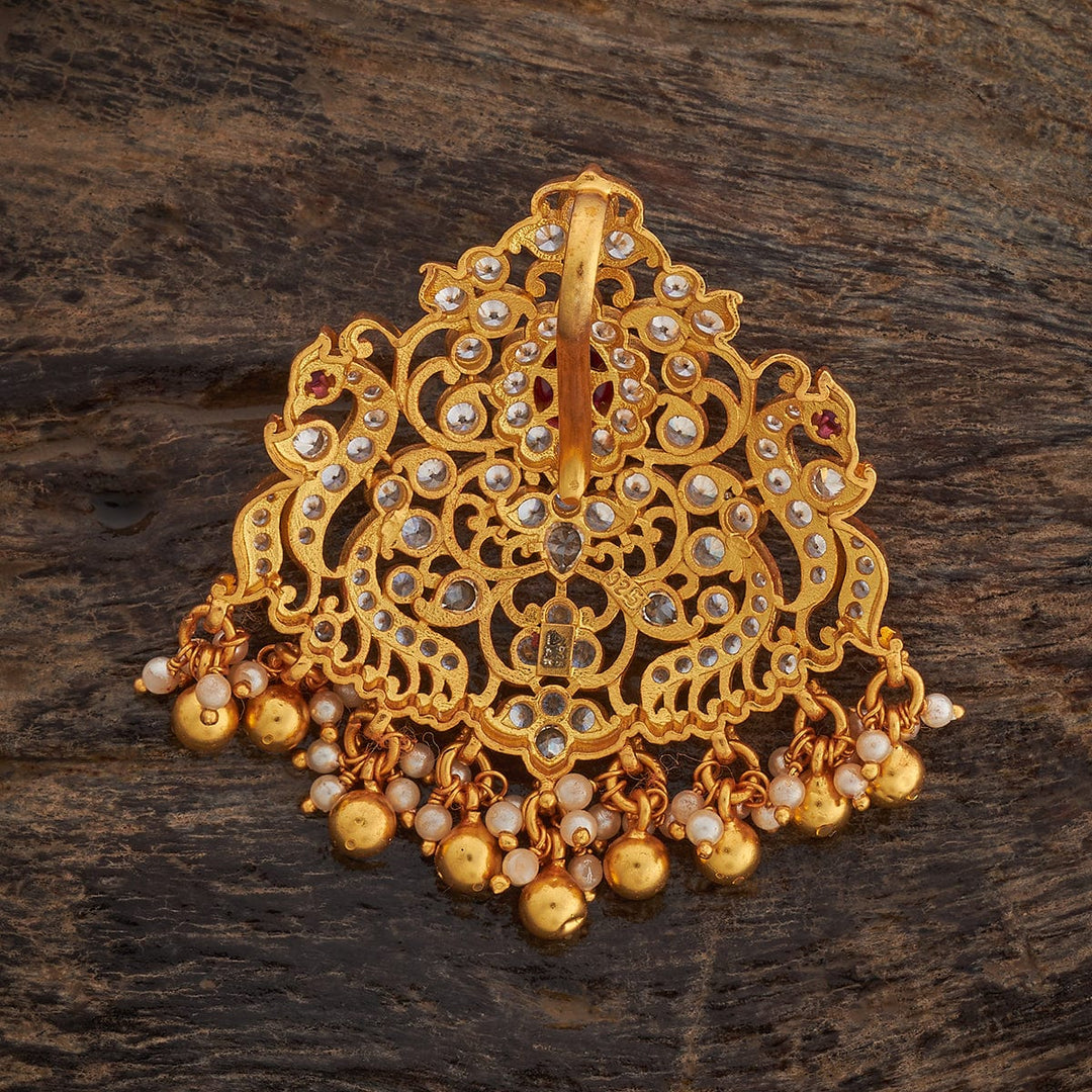Pure 92.5 silver Gold Plated Temple Pendant with Peacock and Floral Design with Dangling Beads