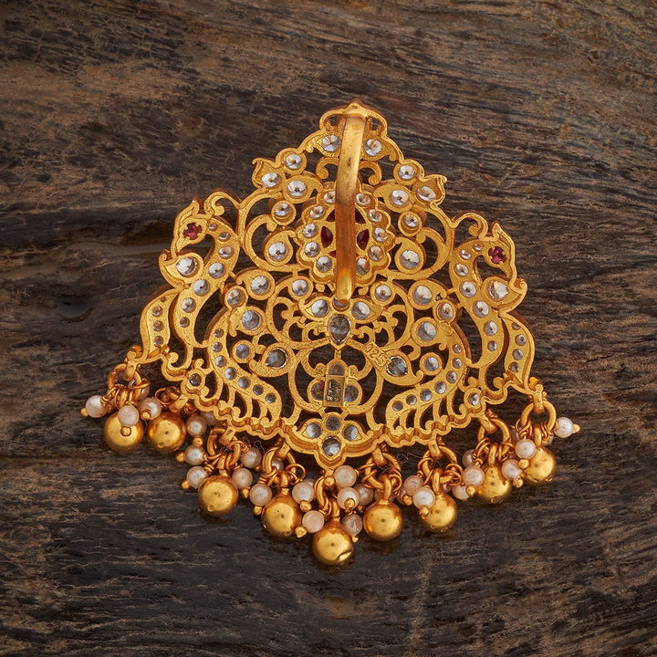 Pure 92.5 silver Gold Plated Temple Pendant with Peacock and Floral Design with Dangling Beads