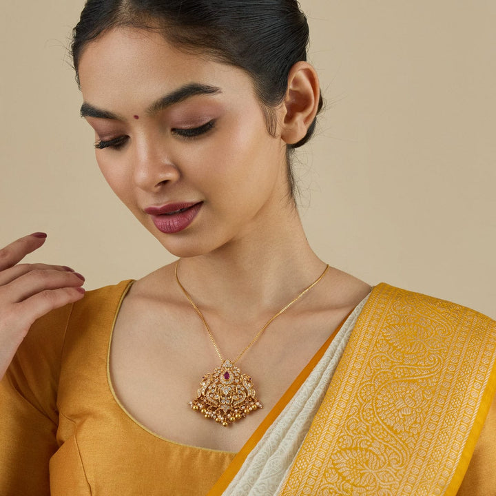 Pure 92.5 silver Gold Plated Temple Pendant with Peacock and Floral Design with Dangling Beads