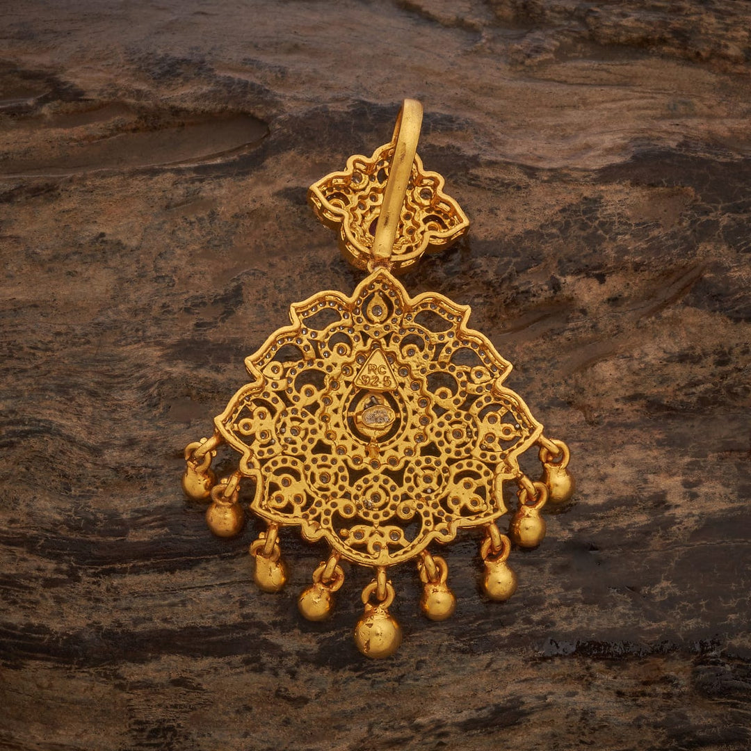 Pure 92.5 silver Cz Stone Floral Design Temple Pendant with Dangling Beads