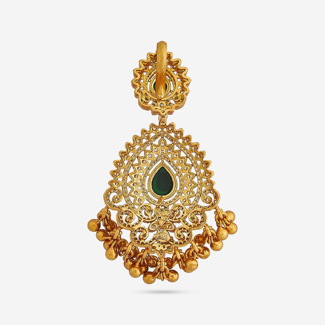 Pure 92.5 silver Gold Plated Floral CZ Stone Temple Pendant with Gold Dangling Beads