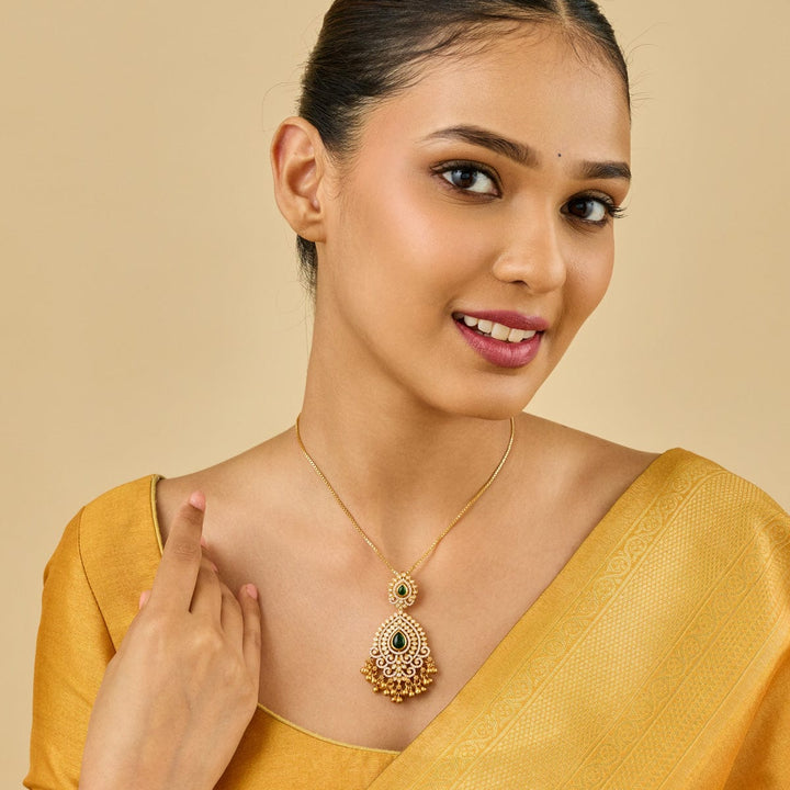 Pure 92.5 silver Gold Plated Floral CZ Stone Temple Pendant with Gold Dangling Beads