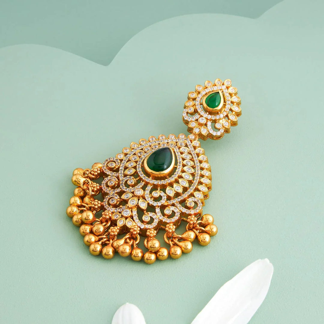 Pure 92.5 silver Gold Plated Floral CZ Stone Temple Pendant with Gold Dangling Beads