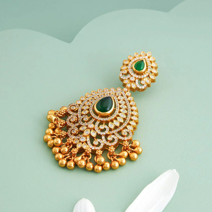 Pure 92.5 silver Gold Plated Floral CZ Stone Temple Pendant with Gold Dangling Beads