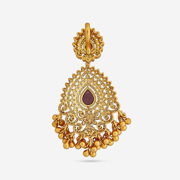 Pure 92.5 silver Gold Plated Floral CZ Stone Temple Pendant with Gold Dangling Beads