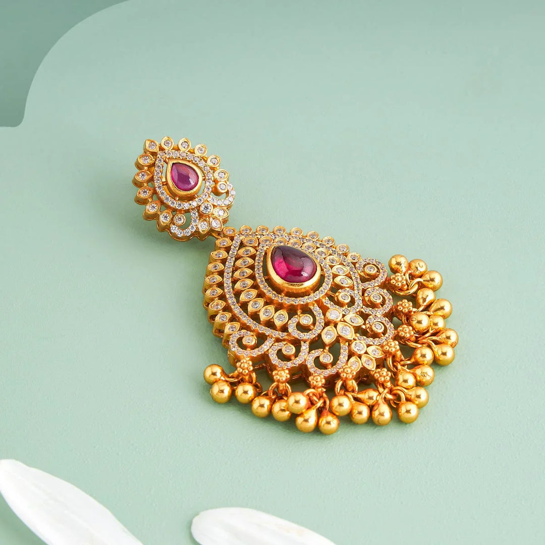 Pure 92.5 silver Gold Plated Floral CZ Stone Temple Pendant with Gold Dangling Beads