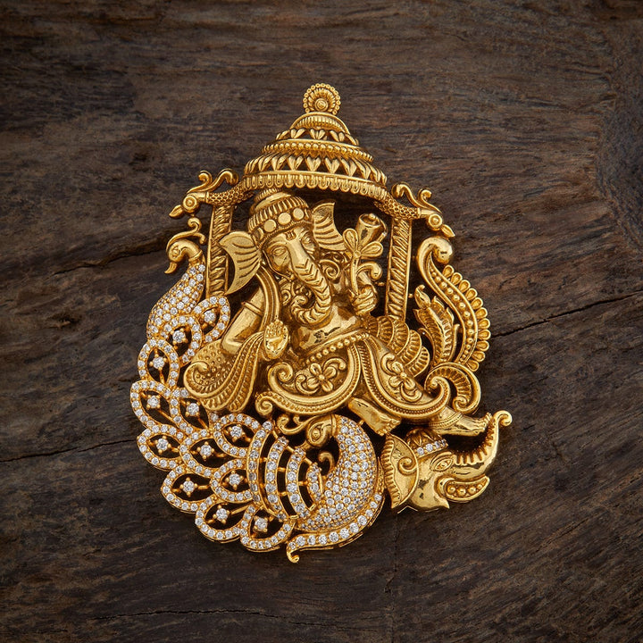 Pure 92.5 silver Gold Plated Lord Ganesha Temple Pendant with Peacock & CZ Stones