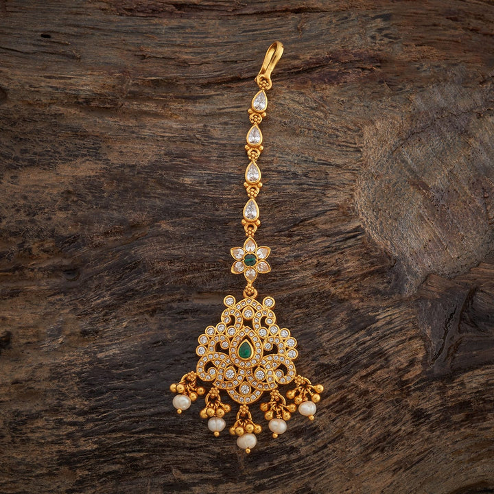 Pure 92.5 Silver, Gold-Plated CZ-Studded Maang Tikka with Green Stones and Pearls Drops