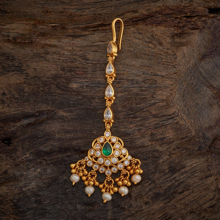 92.5 Sterling Silver Gold-Polished Maang Tikka with Emerald Green Stone and Pearl Drops | SHOBITAM