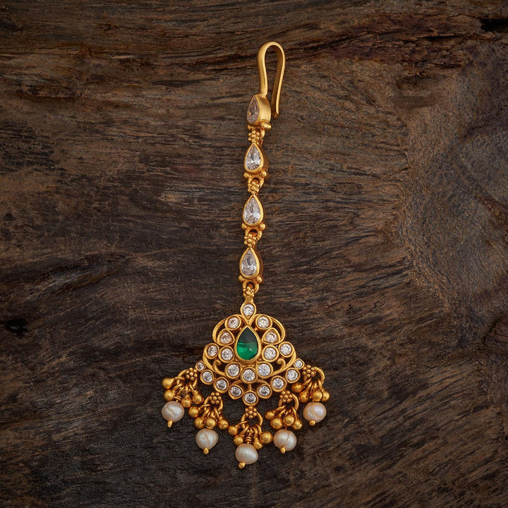 92.5 Sterling Silver Gold-Polished Maang Tikka with Emerald Green Stone and Pearl Drops | SHOBITAM