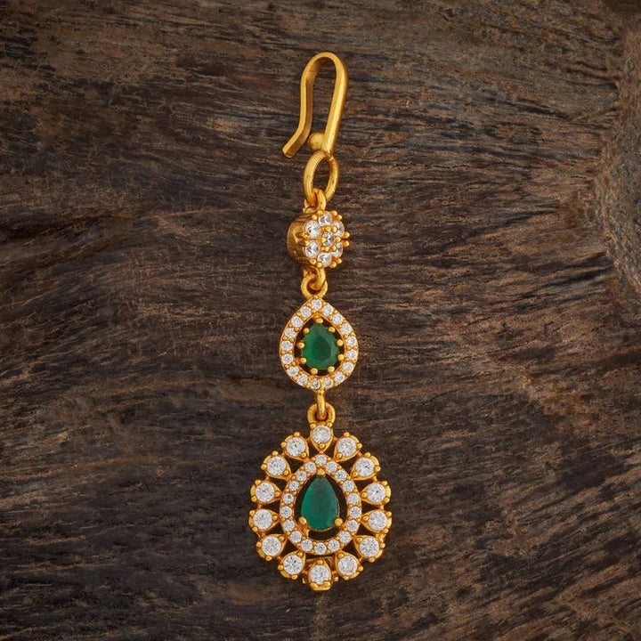 92.5 Silver Gold-Plated Elegant Emerald Green Maang Tikka with CZ Accents