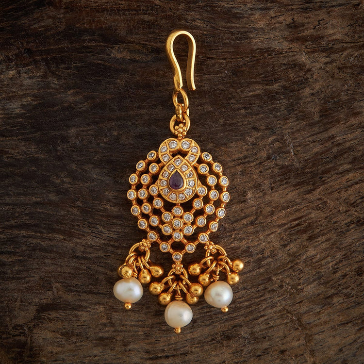 92.5 Sterling Silver Gold-Polished Maang Tikka with Emerald Green Stone and Pearl Drops