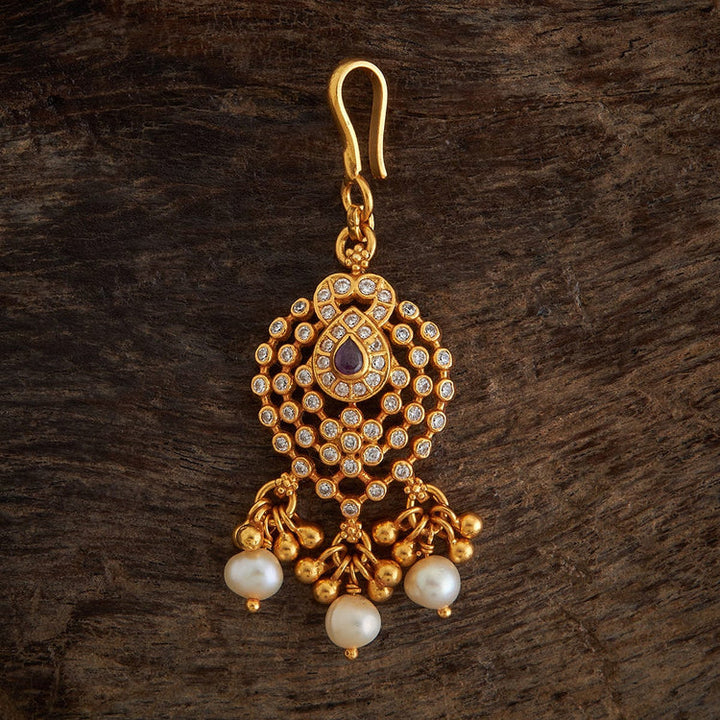 92.5 Sterling Silver Gold-Polished Maang Tikka with Emerald Green Stone and Pearl Drops