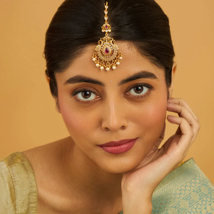 Pure 92.5 Silver Kundan and Ruby Peacock Design Maang Tikka with Dangling Beads