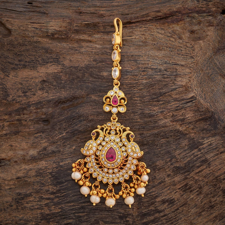 Pure 92.5 Silver Kundan and Ruby Peacock Design Maang Tikka with Dangling Beads