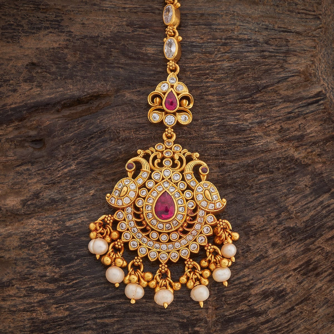 Pure 92.5 Silver Kundan and Ruby Peacock Design Maang Tikka with Dangling Beads