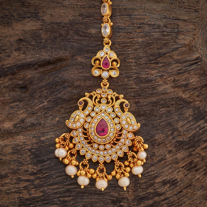 Pure 92.5 Silver Kundan and Ruby Peacock Design Maang Tikka with Dangling Beads