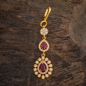 92.5 Silver Gold Plated Ruby and White Stone Floral Drop Maang Tikka