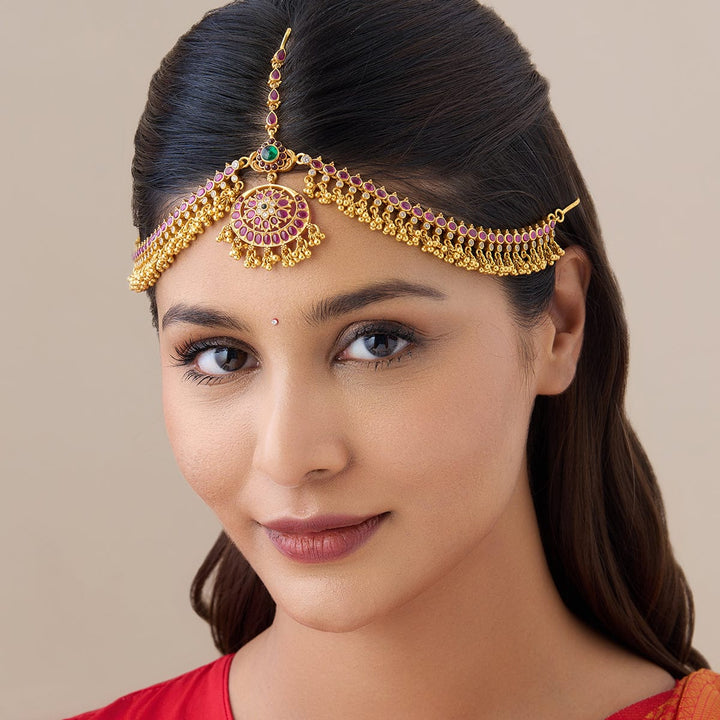 Pure 92.5 Silver, Gold-Plated Traditional Maang Tikka with Gemstone Detailing