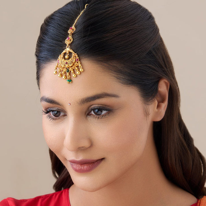 Pure 92.5 Silver Gold-Plated Chandbali Design Temple Tikka with Gemstone and Dangling Beads